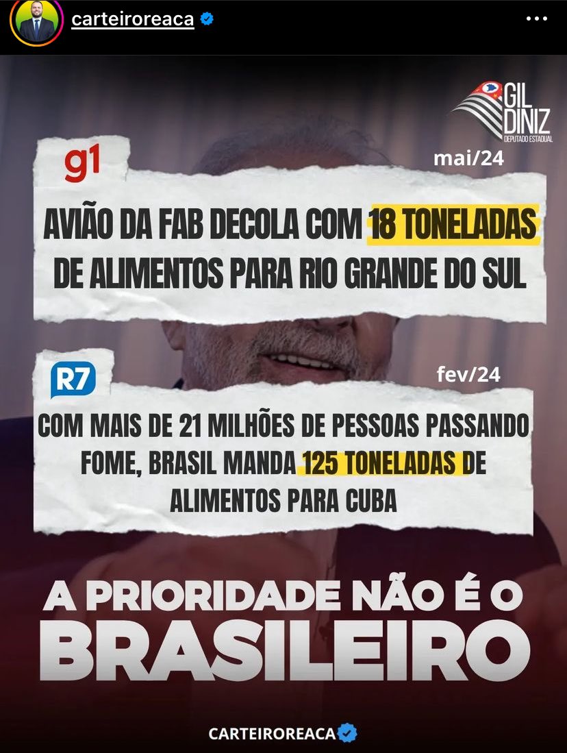 Fatos concretos falam mais que encenação e discurso de media training. 
Tudo que o governo do molusco fez até agora demonstra que a tragédia do Rio Grande do Sul a ele pouco importa, afinal, admitem os petistas de 5° escalão em suas redes sociais, “gaúchos são bolsonaristas”. 

O…