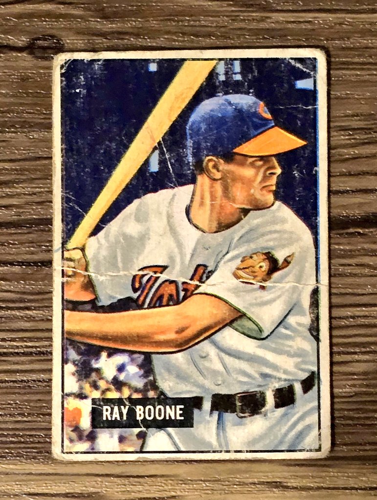 DennisCGarcia's tweet image. My 100th and latest 1951 Bowman #BaseballCard in my collection is a nicely worn #RayBoone - father of #BobBoone and Grandpa of #AaronBoone @SABRbbcards