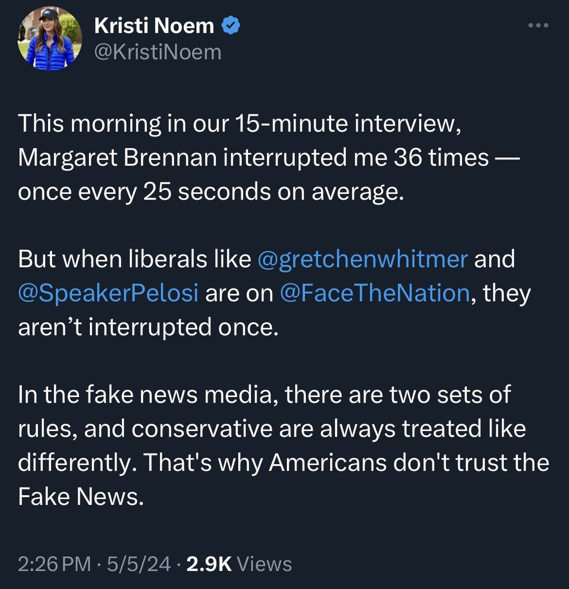 Kristi, journalist and former journalism professor here, you should know it is PATHOLOGICAL LIARS who are treated differently by media Still not differently enough, I would say Maybe no one wants to tell you this, but you were being interrupted because of your CONSPICUOUS LIES