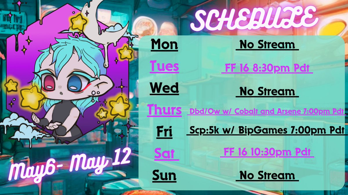 This Weeks Stream schedule!!! I was productive today! Got lots of fun planned this week with some AMAZING people! I hope to see some of you there! 
#pngtuber #TwitchStreamers #cozychaos