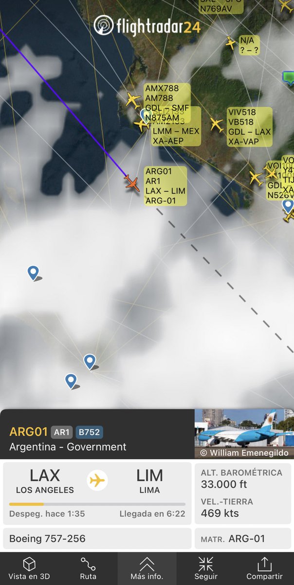 Hace un rato despegó de Los Angeles 🇺🇸 el ARG-01 rumbo a Buenos Aires 🇦🇷 De acuerdo con Flightradar, será vía Lima.