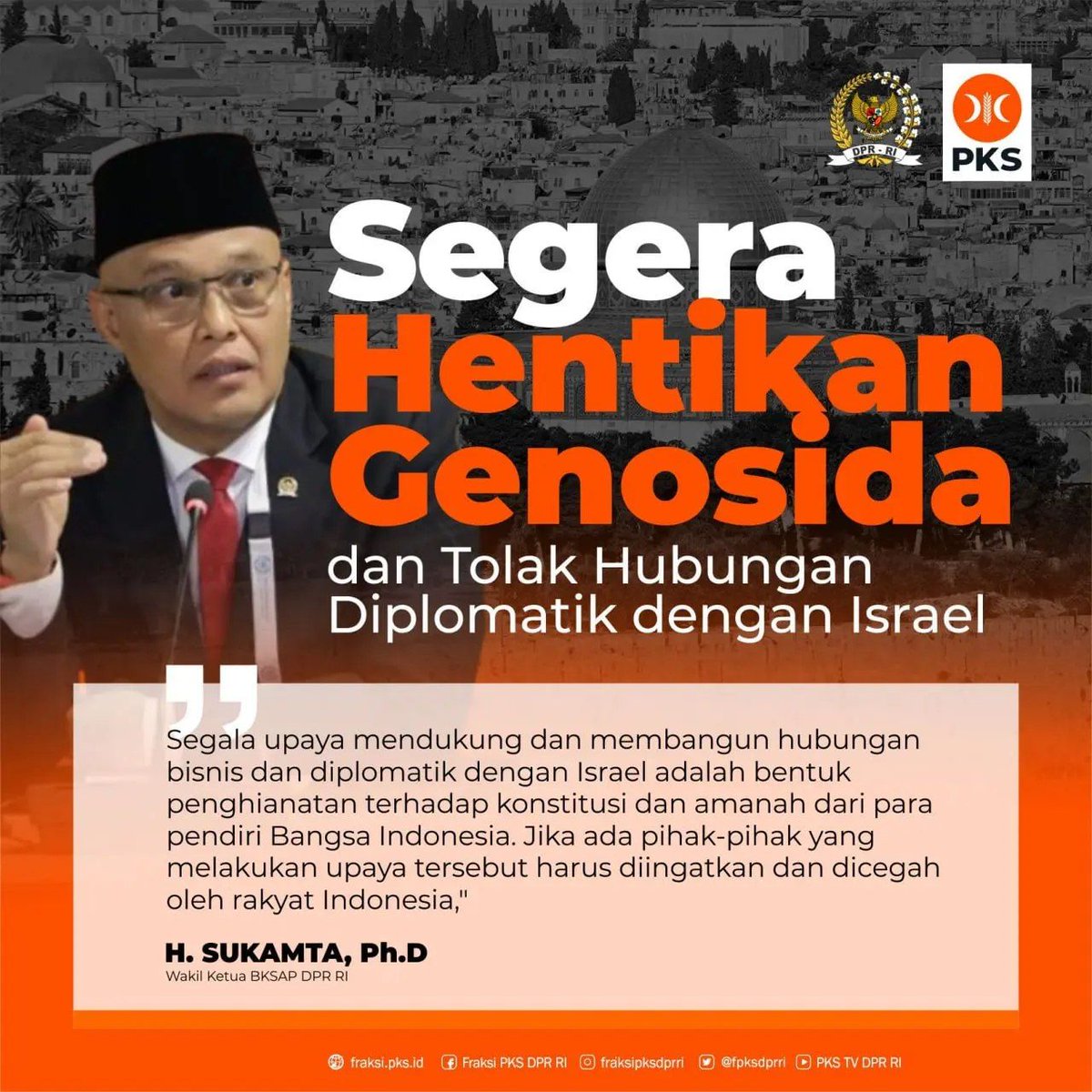 Wakil Ketua BKSAP FPKS: Segera Hentikan Genosida dan Tolak Hubungan Diplomatik dengan Israel 'Rakyat Indonesia masih memiliki komitmen sama mendukung Palestina dan tidak mengakui Israel.” ~Sukamta buff.ly/4b6LPkW