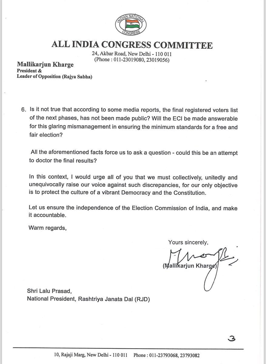 INC President Sh. Mallikarjun Kharge ji has written to leaders of INDIA alliance partners regarding the concerning attitude of the Election Commission of India. The inordinate delay in releasing final voter turnout figures and the discrepancies found in that data raises severe…