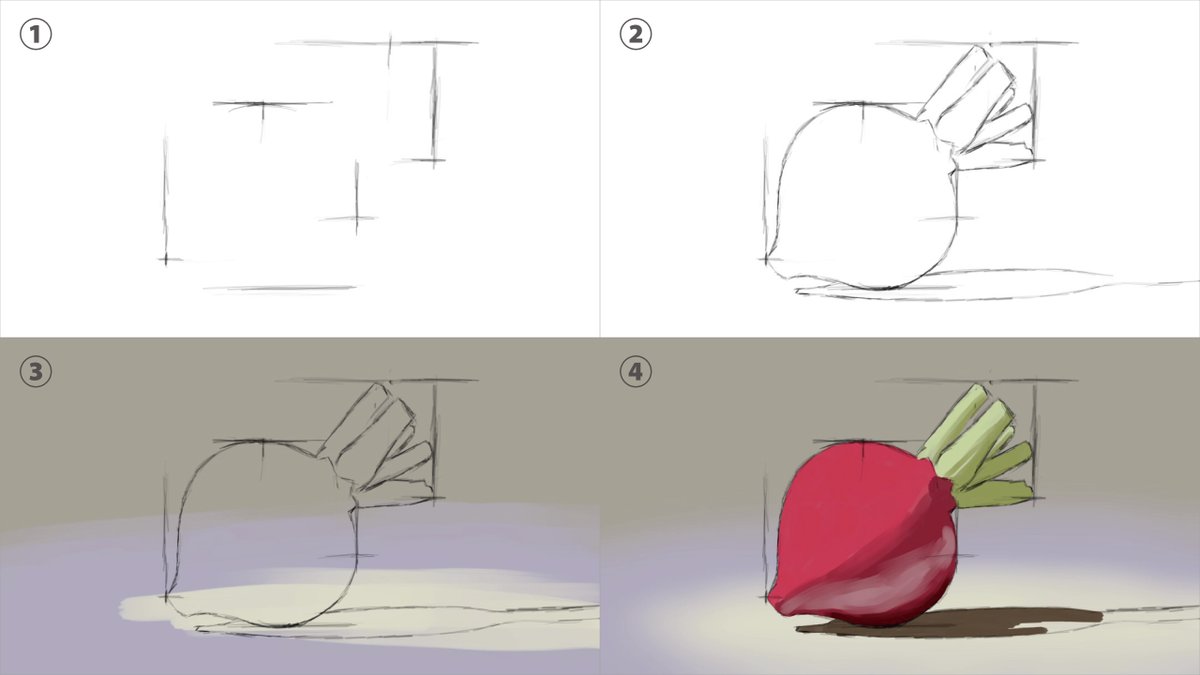 デジタルで描いた赤いカブのプロセス。
制作時間は1時間30分くらい。 