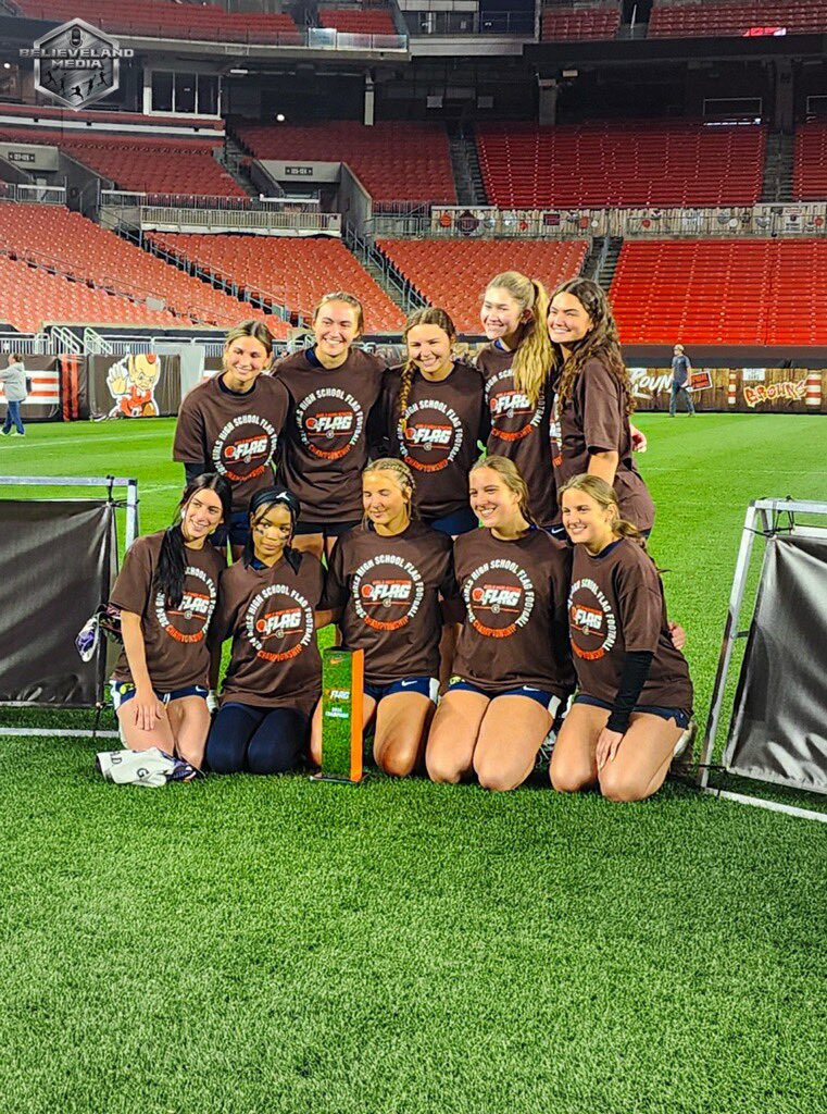 Kirtland Girls Flag Football team after winning the tournament championship over Berkshire at Cleveland Browns Stadium 📷 @careersinsports @kirtlandsports