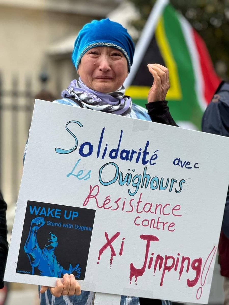 This is Gulbahar Jalilova, a brave Uyghur sister, survivor of China’s concentration camps, protesting genocider Xi Jinping’s visit to France.
