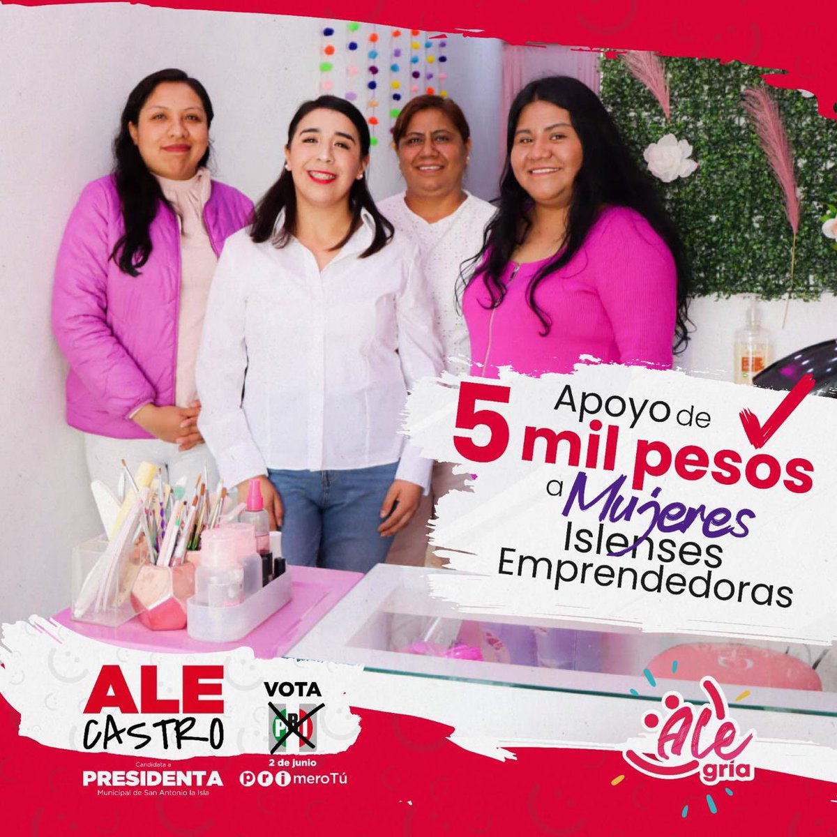 AleCastroSoy's tweet photo. Que las mujeres emprendedoras islenses reciban 5️⃣ mil pesos para crear o hacer crecer sus negocios, es mi propuesta y #ContigoEsPosible.
#AleCastro
#SanAntonioLaIsla https://t.co/ntJaG1aoK5