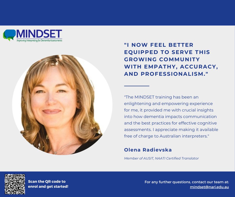 Thank you to interpreter & translator Olena Radievska for sharing her experience completing the MINDSET training! MINDSET provides FREE training for interpreters to improve cognitive assessment for dementia in people from CALD backgrounds. Click to enrol: forms.office.com/r/3WW1856sif