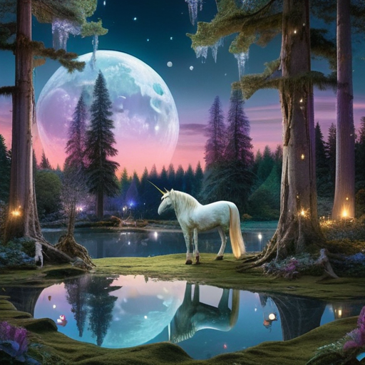 .@ThetaNetwork #EdgeCloud AI Image Generator
- Try for Free: thetaedgecloud.com/ai-showcase 
- prompt:  a mystical forest clearing at twilight, with a glowing, oversized moon casting light on ancient, towering trees. In the center, a crystal pond mirrors the sky, surrounded by fairies