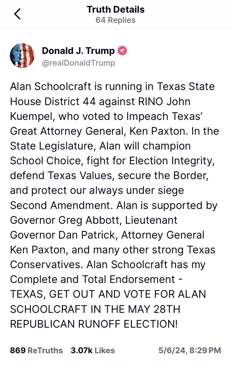 President Trump calls @repjohnkuempel a RINO AGAIN and reaffirms his Complete and Total Endorsement of my candidacy! I stand with @realDonaldTrump! Together we WILL empower parents through education freedom, secure our border, and defend our second amendment rights! #HD44 #txlege