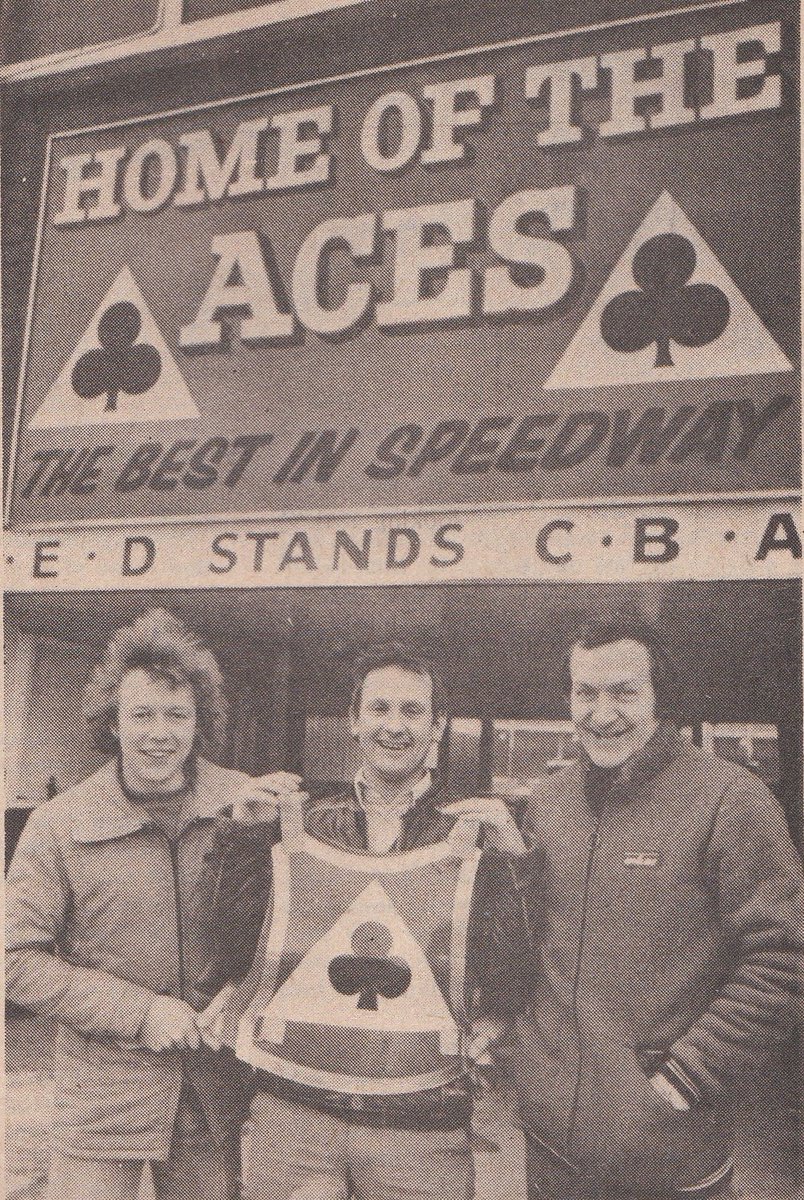 Belle Vue's Chris Morton & Team Manager Eric Boocock welcome new signing Arnie Haley to the club for the 1979 season.