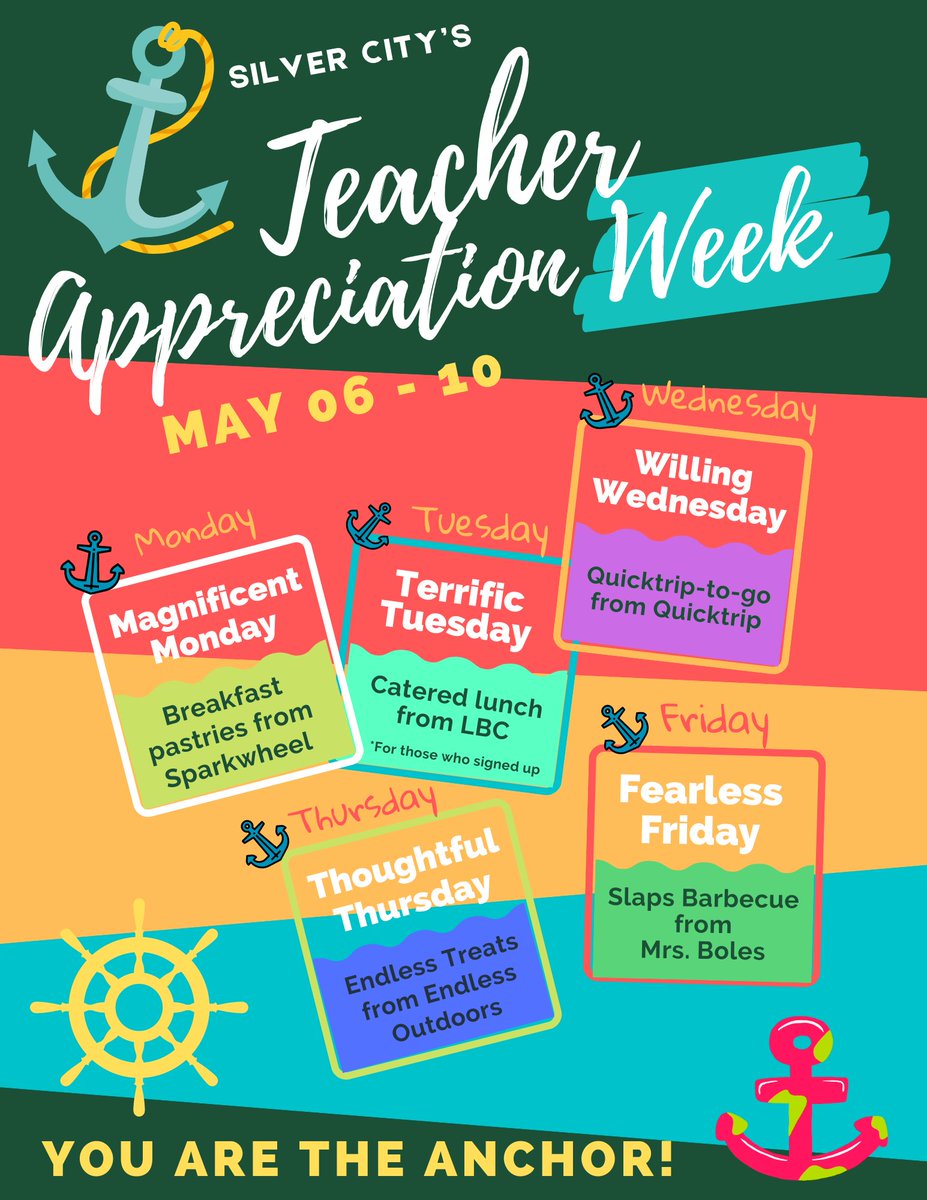 This is what's on deck for our Teachers this week #TeacherAppreciationWeek #AnchoredTeachers ⚓️