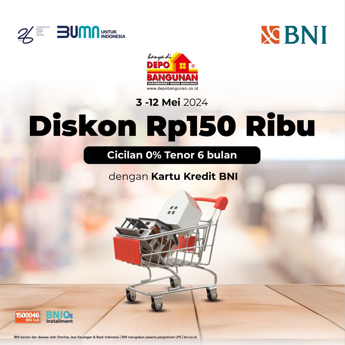 Percantik rumah impianmu dengan diskon spesial untuk bahan bangunan di Depo Bangunan📷📷 Dapatkan diskon Rp150 ribu dan cicilan 0% dengan tenor 6 bulan menggunakan Kartu Kredit BNI. Promo ini berlaku mulai dari tanggal 3 hingga 12 Mei 2024,  jadikan rumah impianmu menjadi…