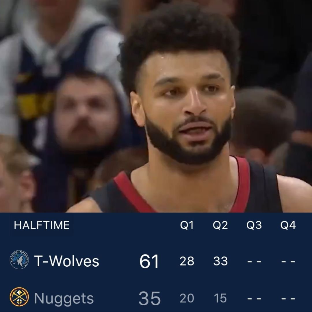 Jamal Murray at the half: 2 points 1/10 FG 0/3 FG - And threw a heat pack from the end of the Nuggets' bench at the feet of Karl-Anthony Towns during play. All in all a solid 1st half 👀🙌🤷 #nbaplayoffs #NBAPlayoffs