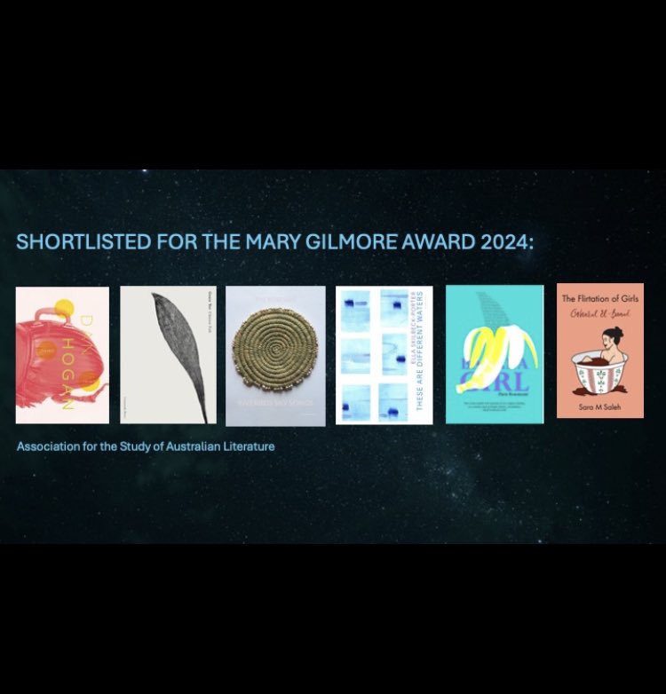 Congratulations to the 6 poets shortlisted for the 2024 Mary Gilmore Award: Dan Hogan, Secret Third Thing Paris Rosemont, Banana Girl Sara Saleh, The Flirtation of Girls Ella Skillbeck-Porter, These are Different Waters Tais Rose Wae, Riverbed Sky Songs Grace Yee, Chinese Fish