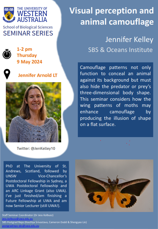 SEMINAR: Visual perception and animal camouflage by Jennifer Kelley Thursday 9 May @ 1-2pm, Jennifer Arnold Lecture Theatre, Zoology Building, UWA