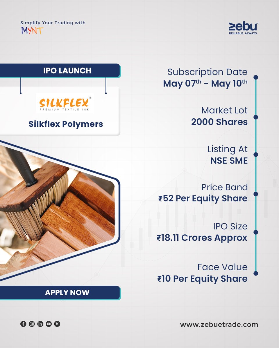 Silkflex Polymers (India) Limited is now open for subscription till May 10, 2024. With an IPO size of approx ₹18.11 crores, Listed on both SME and NSE, market lot is 2000 shares. 

Apply now: in.zebull.in/sme 

#simplifywithmynt #zebu #ipoalert #silkflexpolymersipo