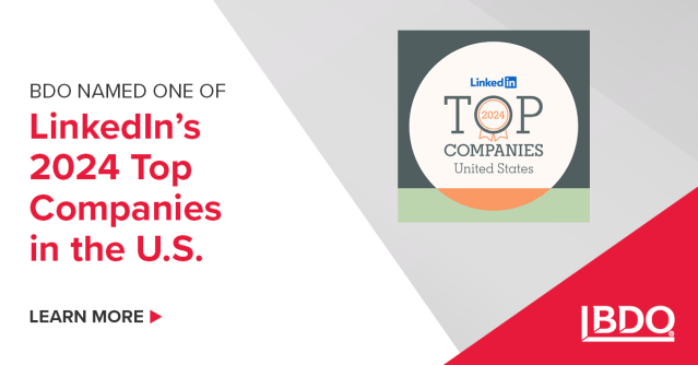 Time to celebrate! @BDO_USA ranked on the 2024 LinkedIn Top Companies List in the U.S., featuring the top 50 workplaces in the country that prioritize skills development and career advancement. See the full list. #LinkedInTopCompanies #BDOProud dy.si/oNPfod2