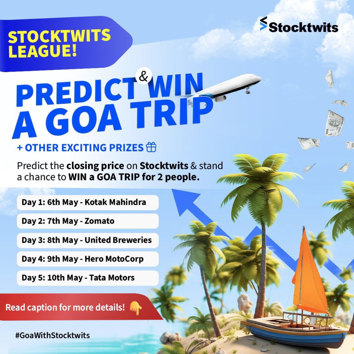 #GoaWithStocktwits Day 2 of the Stocktwits league is live! Drop your predictions for Zomato's closing price before 1PM on 07/05/24 (Tuesday). Ready, set, predict! 📊🎯 To participate and know the rules, visit - stocktwits.onelink.me/Lo6t/96joiszm #Stockmarketindia