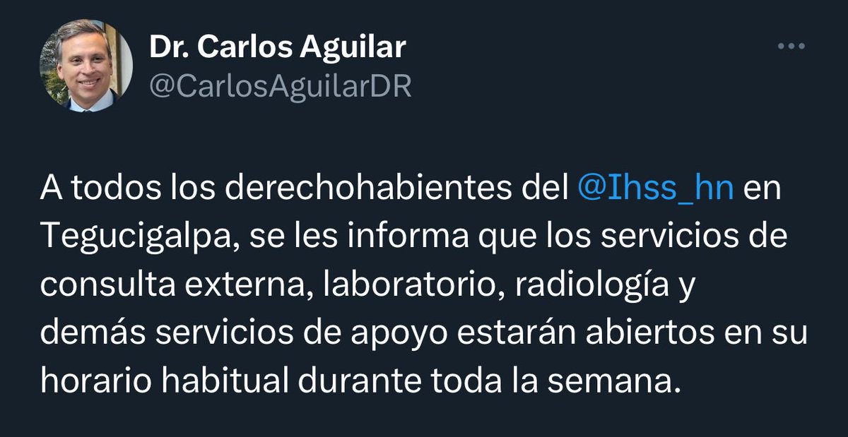 📌Director del @Ihss_hn @CarlosAguilarDR informa que se estarán brindando los servicios de salud en el horario habitual durante toda la semana.