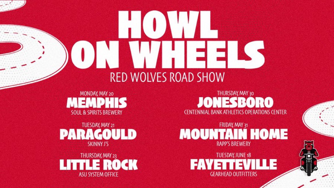 If you don’t have plans—come enjoy Howl on Wheels w/ @AStateRedWolves & co. 📍 ▪️ MEM >> 𝗠𝗔𝗬 𝟮𝟬 ▪️ Paragould 𝗠𝗔𝗬 𝟮𝟭 ▪️ LR >> 𝗠𝗔𝗬 𝟮𝟯 ▪️ J’Boro >> 𝗠𝗔𝗬 𝟯𝟬 ▪️ Mountain Home >> 𝗠𝗔𝗬 𝟯𝟭 ▪️ Fayetteville >> 𝗝𝗨𝗡𝗘 𝟭𝟴 𝗥𝗦𝗩𝗣 » bit.ly/2024HowlOnWhee…