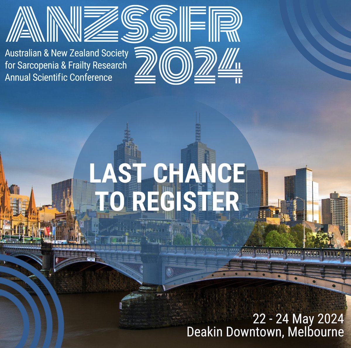 Register now!
Don't miss this opportunity to attend the <a href="/ANZSSFR/">ANZSSFR</a> annual scientific conference. Join us for discussions with some of the world's leading researchers in sarcopenia &amp; frailty.
🗓️22-24 May, 2024
📍Deakin Downtown, Melbourne