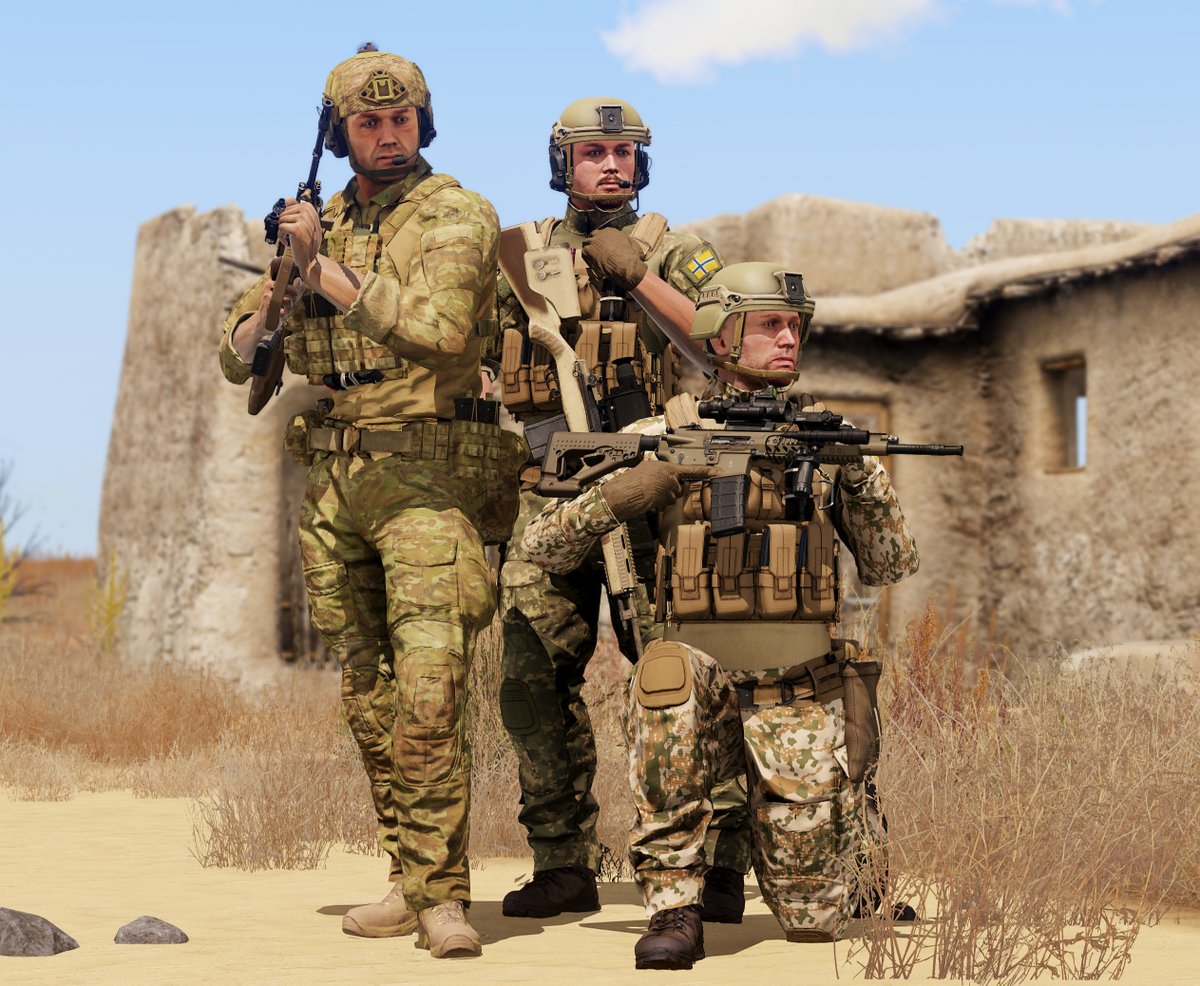 'Joined Forces - 2029' An Australian soldier and two Askeland Rangers pose for a promotional photo during a joint training exercise. #ArmaPlatform #ArmaPhotography #Arma3
