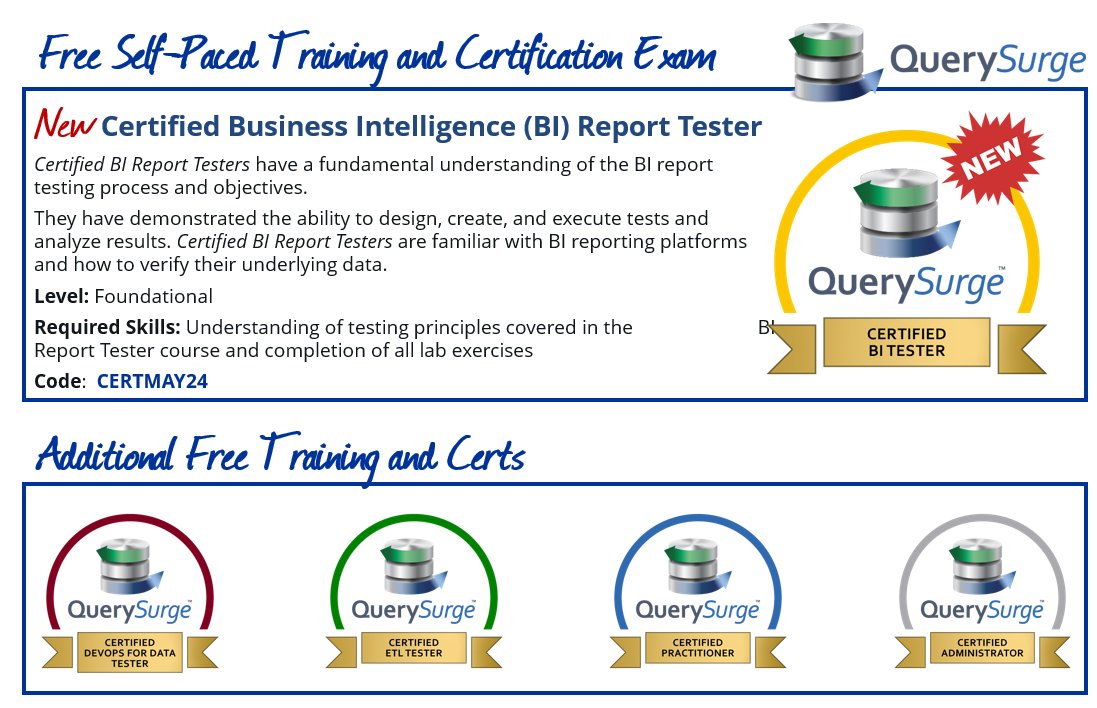 QuerySurge, the smart AI-powered ETL testing solution, is offering free self-paced training & cert exams thru  May 31st.  querysurge.com/certification-… #testautomation #dataquality #GenerativeAI
@testguilds
@ministryoftest
@testingmag