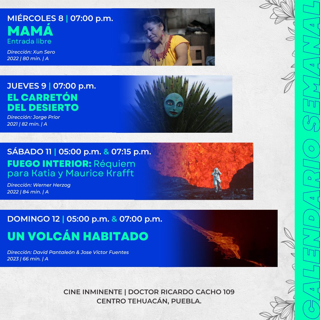 cineinminente's tweet photo. Dos poemas visuales que nos recuerdan lo majestuoso de la naturaleza llegan al Foro. Una experiencia difícil de olvidar donde los volcanes son los protagonistas.
Aquí nuestra cartelera del 8 al 12 de mayo.
#CineInminente #Tehuacán #cinema #EntreVolcanes https://t.co/LU3jbbYtXl