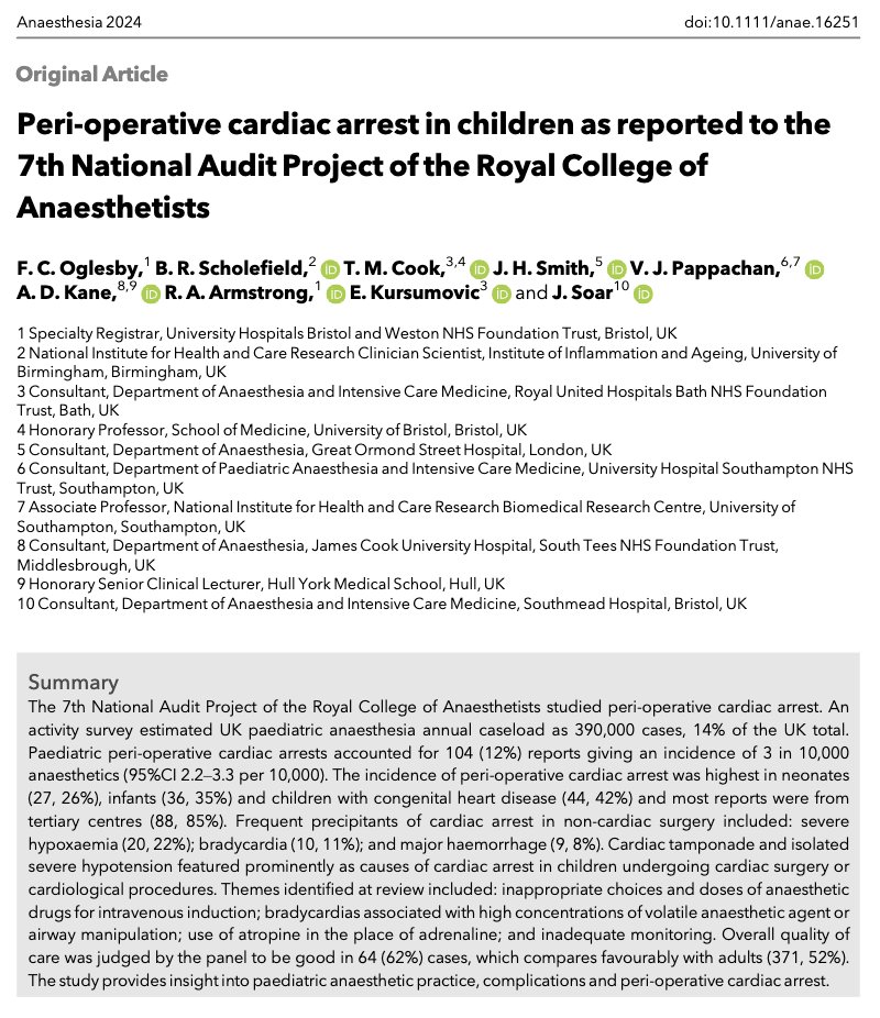 🔓Peri-operative cardiac arrest in children as reported to the 7th National Audit Project of the Royal College of Anaesthetists @FiOglesby @BarneyUoB @doctimcook @kalapappaj @adk300 @drrichstrong @emirakur @jas_soar 🔗…-publications.onlinelibrary.wiley.com/doi/10.1111/an…