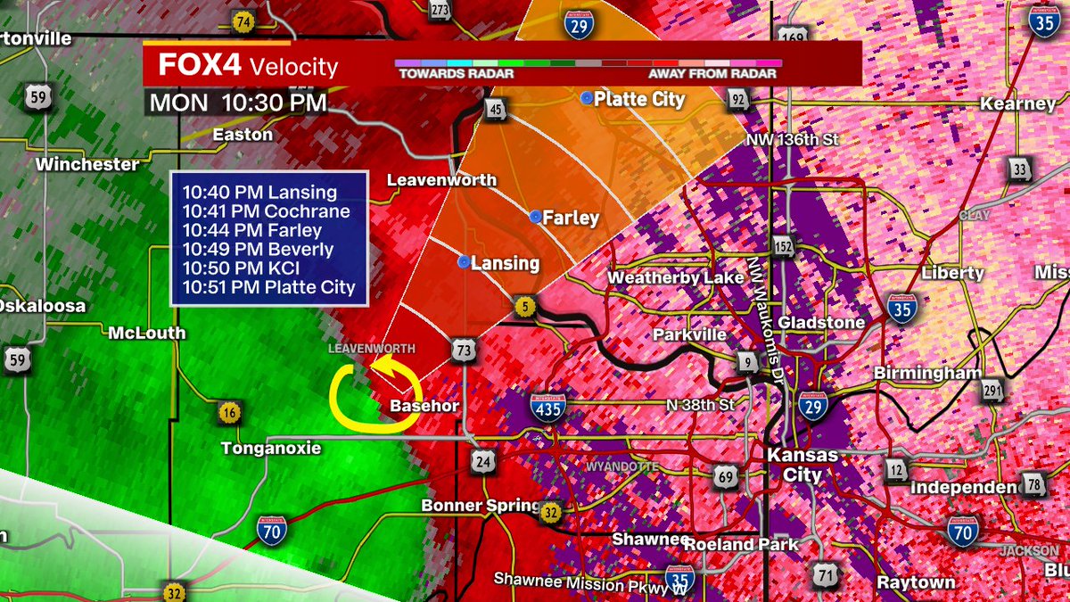 10:30 PM - Closely watching a rotating spot near Basehor tracking toward Lansing & KCI. Not strong enough to produce a tornado, but could become that soon. @fox4kc #KCwx #MOwx #KSwx