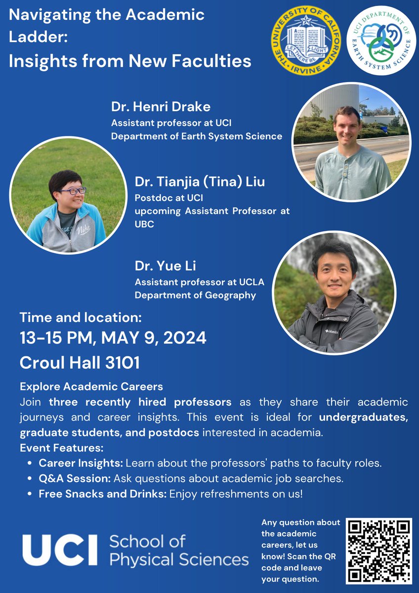 Calling all students, postdocs, and project scientists! Join us on May 9th, 1-3 PM in the Jenkins Room (Croul Hall 3101) for an inspiring event with Dr. Henri Drake, Dr. Tian Liu, and Dr. Yue Li! They'll share insights on academic careers with 15-minute presentations + Q&A.