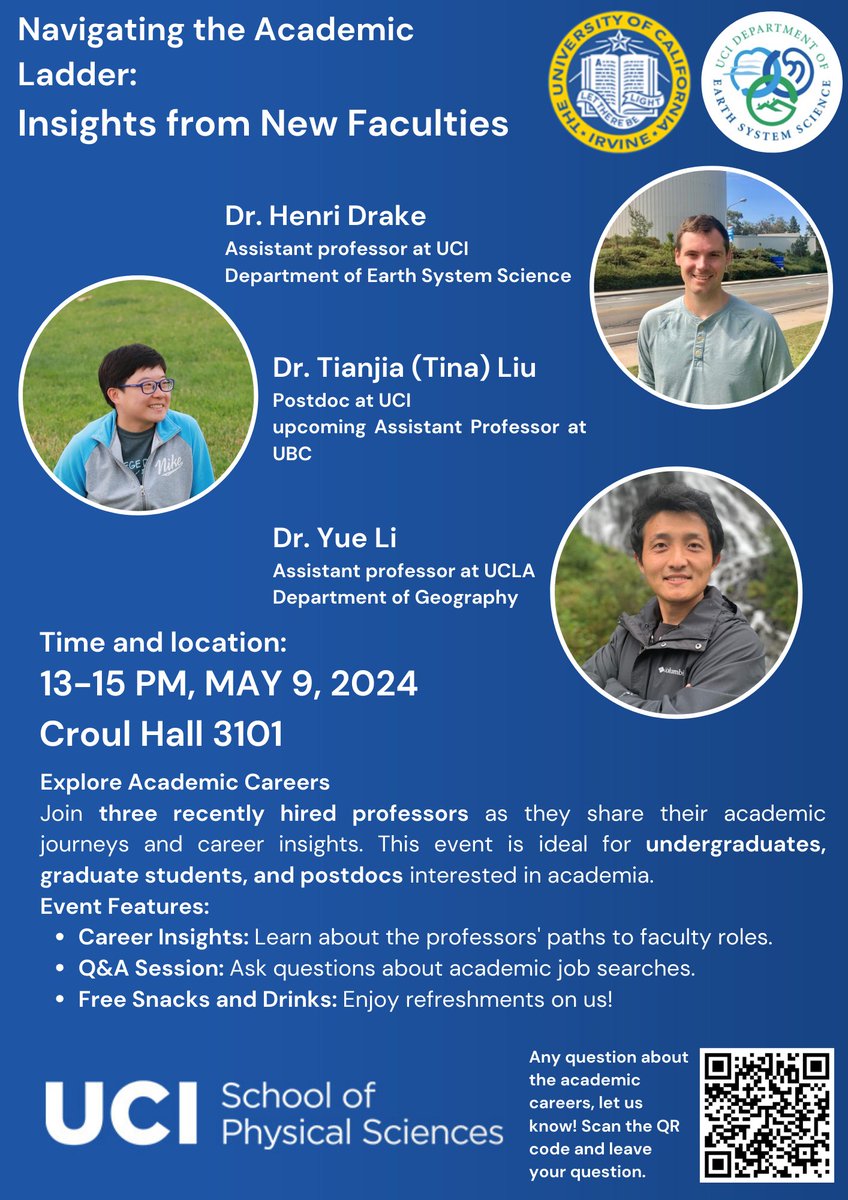 uciess's tweet image. Calling all students, postdocs, and project scientists!
 Join us on May 9th, 1-3 PM in the Jenkins Room (Croul Hall 3101) for an inspiring event with Dr. Henri Drake, Dr. Tian Liu, and Dr. Yue Li! 
They&apos;ll share insights on academic careers with 15-minute presentations + Q&amp;amp;A.