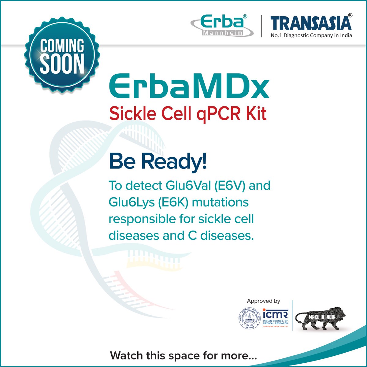 Detect sickle cell anemia with ErbaMDx Sickle Cell qPCR kit. It amplifies HbA and HbS alleles for Glu6Val mutation in HBB gene, with RNaseP as internal control to prevent false negatives. #sicklecellanemia #MadeinIndia #AtmaNirbharBharat #moleculardiagnostics #IVD #PCR