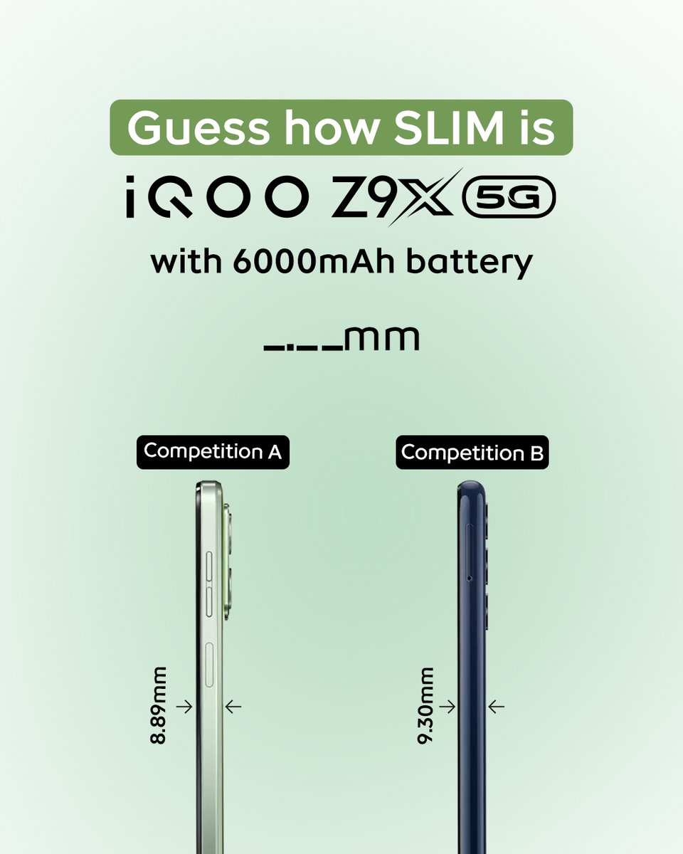 Segment's best battery capacity with the slimmest design. How slim do you think is the #iQOOZ9x? #FullDayFullyLoaded