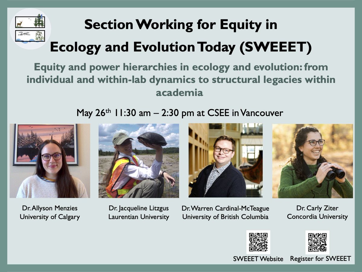 Join us at this year’s workshop on May 26th from 11:30-2:30 at CSEE @CSEE_SCEEmtgs! We will be discussing power hierarchies and lab dynamics with @carlyziter, Jacqueline Litzgus, @WCM_Botany, and @akmenzies. Register here if you haven’t already: forms.gle/wDcyVFrD49rUVG…
