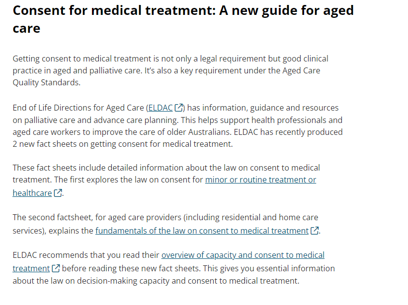 Thanks for including our #EndofLife Law Toolkit in your news @AgedCareQuality 👋 You can find more about consent to medical treatment, or minor or routine treatment in #AgedCare here ➡️eldac.com.au/Toolkits/End-o… @HealthLawQUT