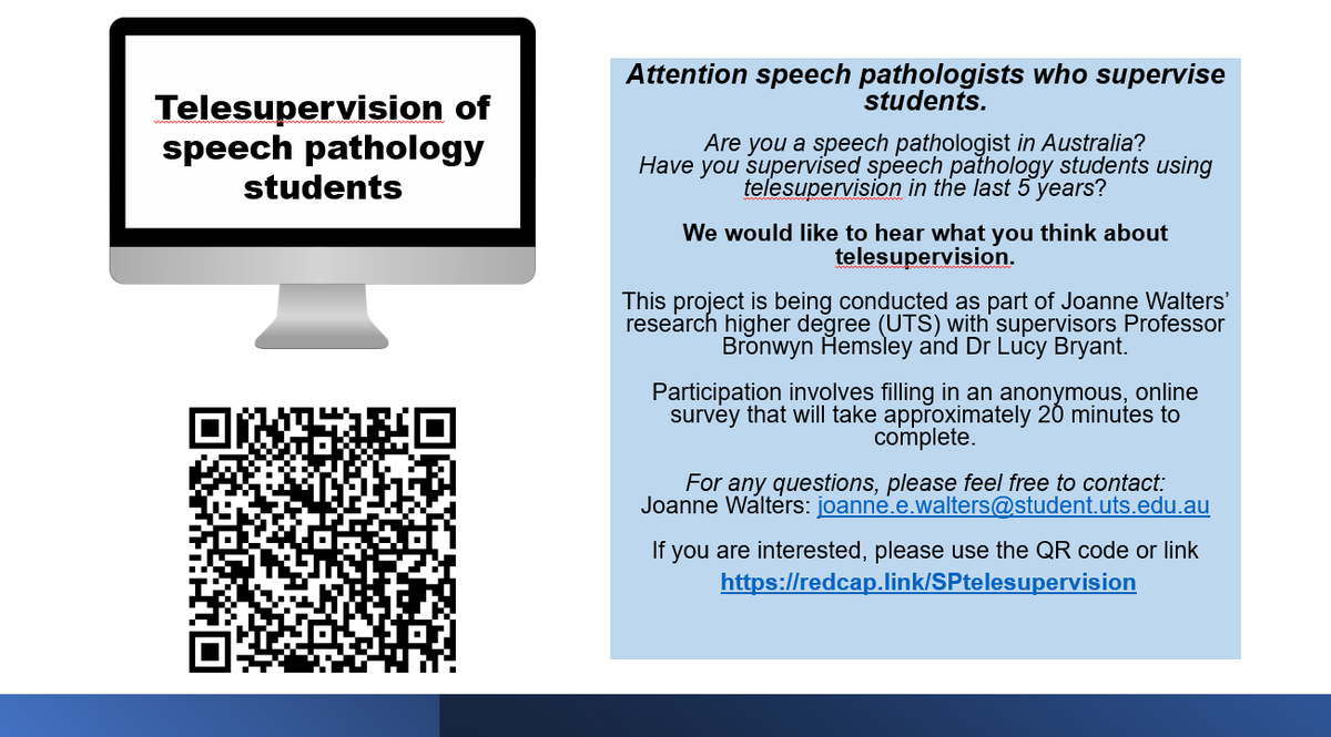 Attention Australian speech pathologists who supervise students. Have you supervised speech pathology students using telesupervision in the last 5 years? We would like to hear what you think! @BronwynHemsley @LucyEBryant