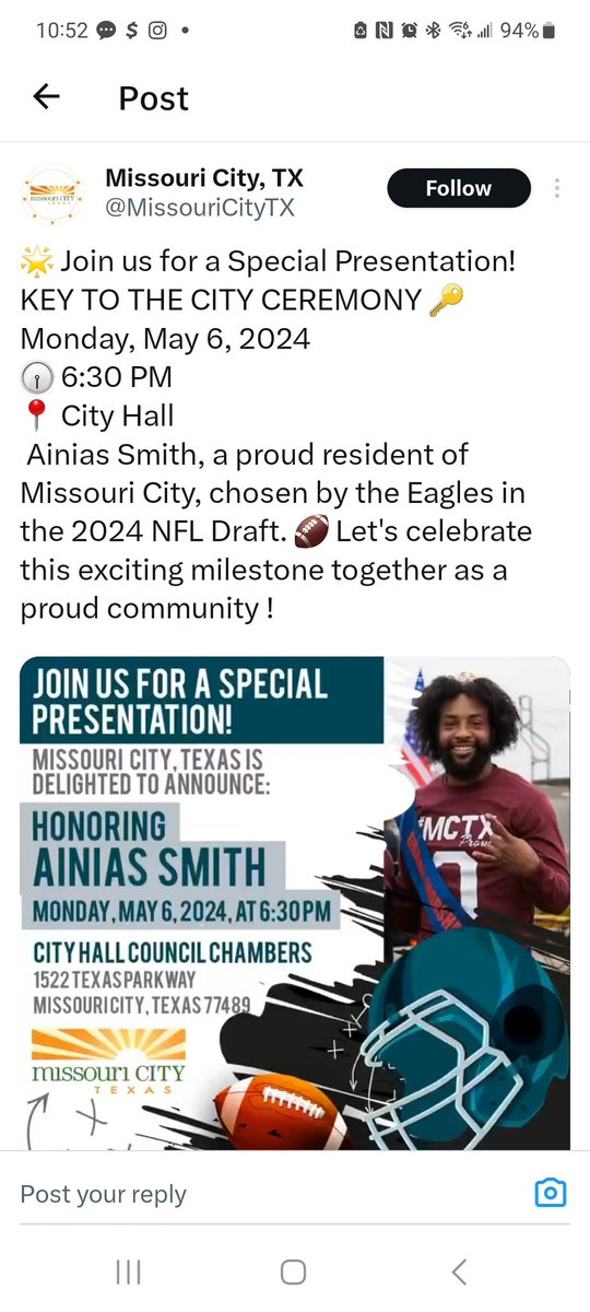 #Eagles rookie wide receiver and former @AggieFootball standout Ainias Smith @ainias_smith was honored at Missouri City City Hall today with a Key to the City ceremony celebrating him being drafted by NFC East franchise @KPRC2