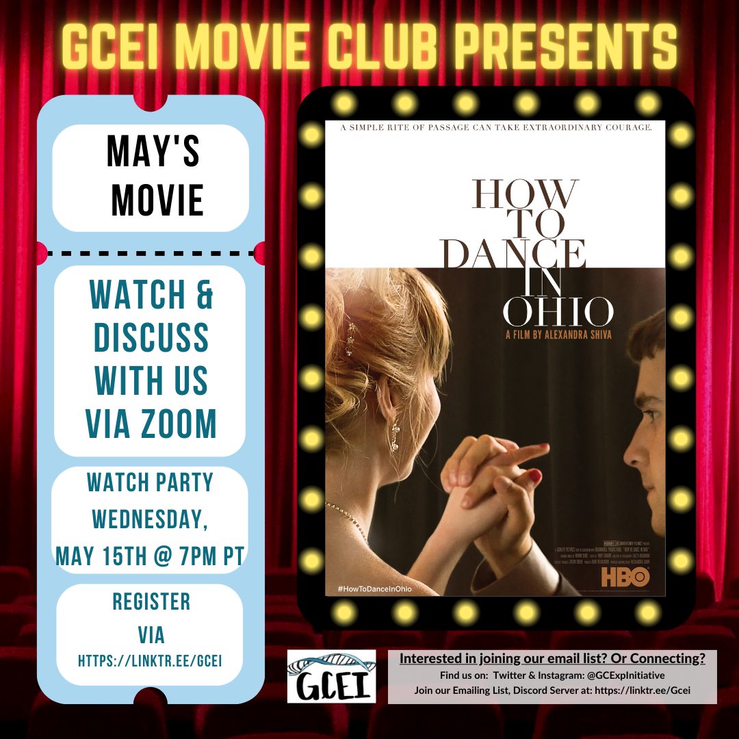Hi #genechat! GCEI is watching “How to Dance in Ohio”.

Watch party is Wednesday, 5/15 @ 7PM PST. Discussions are Sunday, 5/19 @ 6PM PST &amp; Wednesday, 5/22 @ 6PM PST.
If you would like to attend, please register at  linktr.ee/Gcei.

#geneticcounseling #genechatter #iamagc