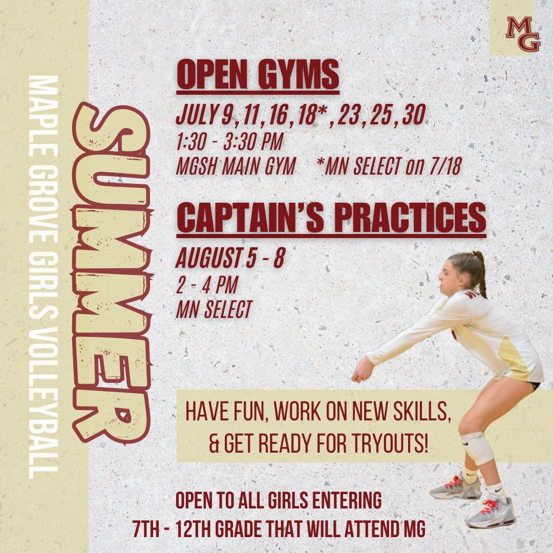 Join us in the gym this summer!☀️🏐

Commit to the process, get touches, & grow your skills! More details can be found in TeamApp. Link in bio! 🔗 

#WeAreCrimson #preseason