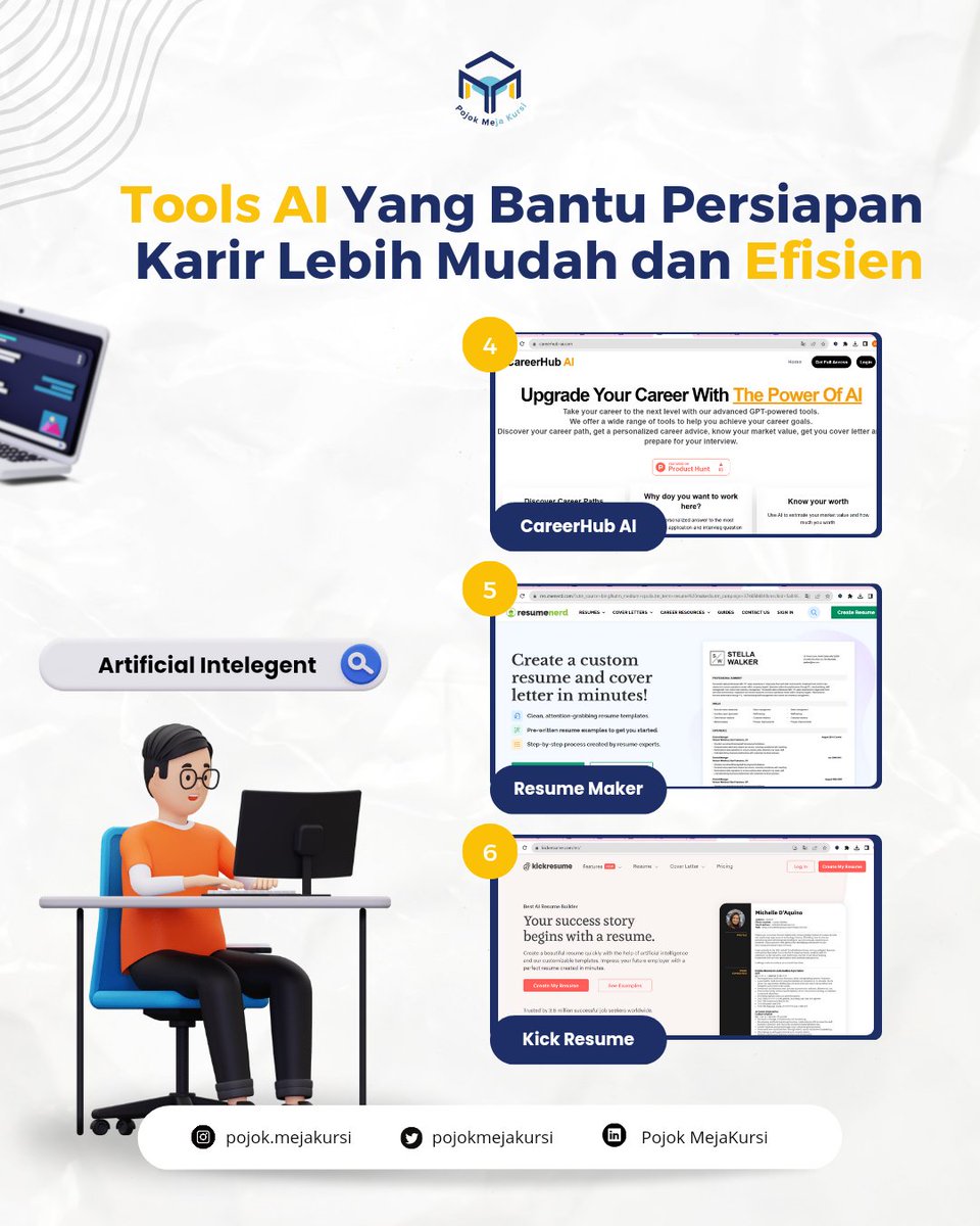 CareerHub AI: meningkatkan kemampuan karir sebelum ngelamar kerja
Resume Maker: buat resume profesional
Kick Resume: cek resume kamu biar makin bagus

#ArtificialIntelligence #mahasiswa #tugaskuliah #zonauang #zonajajan