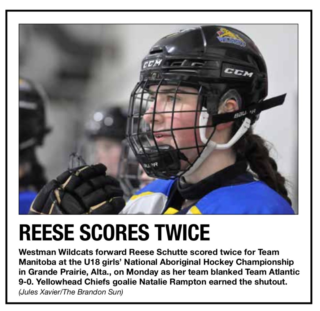 Team Manitoba's Reese Schutte @westmanAAA had two goals in her team's 9-0 victory over Team Atlantic at U18 girls' NAHC tournament in northern Alberta. @russ_schutte @TeamMbFemaleHky @teamMBnahc @YHChiefs former goalie Natalie Rampton with goose egg between the pipes