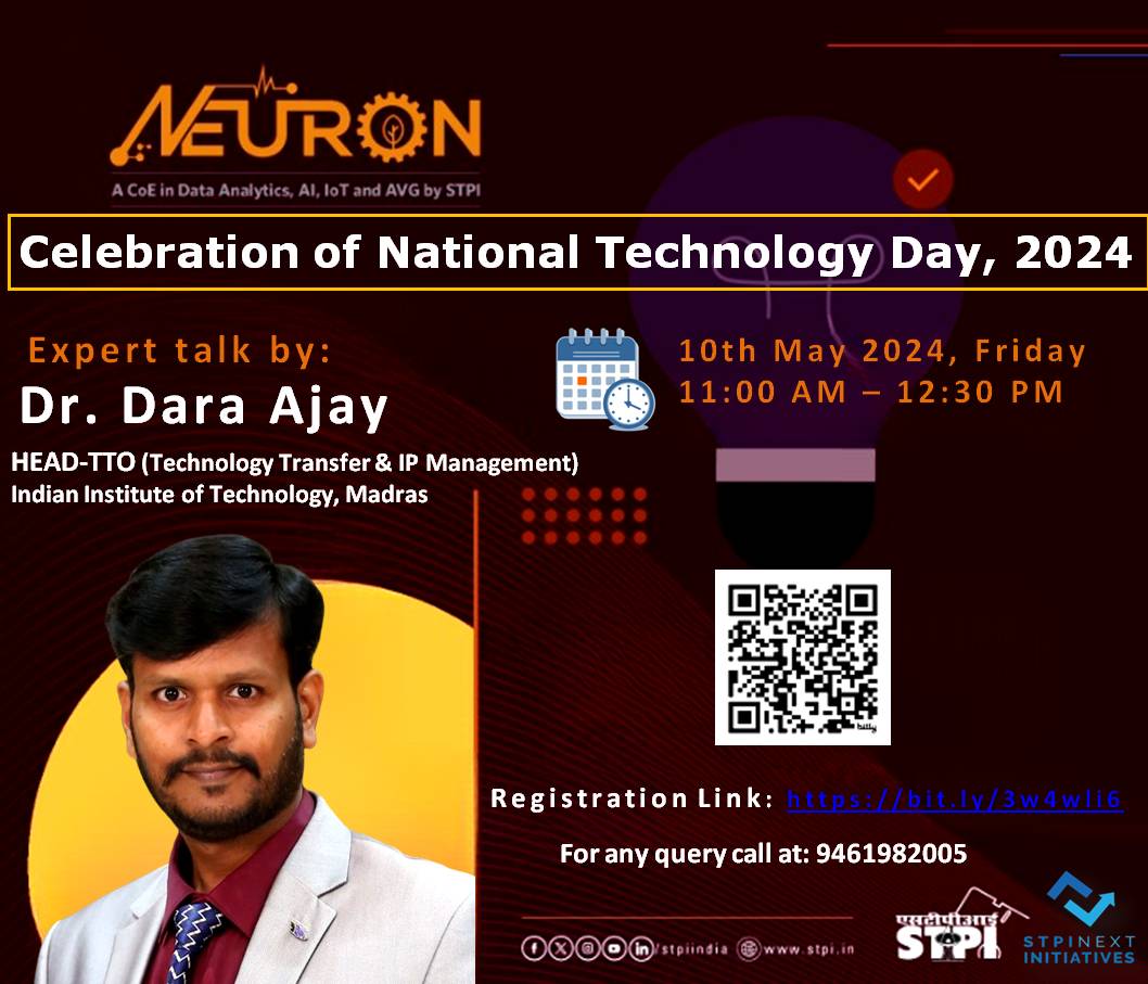 @CoeNeuron is celebrating National Technology Day 2024 on 10-05-24. Key Speaker is @Patent_Research Dr. Dara Ajay The registration link: forms.gle/o7gm2Z4qKSkHDx… @stpiindia @stpinext @arvindtw @s_subodh @MamtaBhardwaj25 @nikhilbhat87