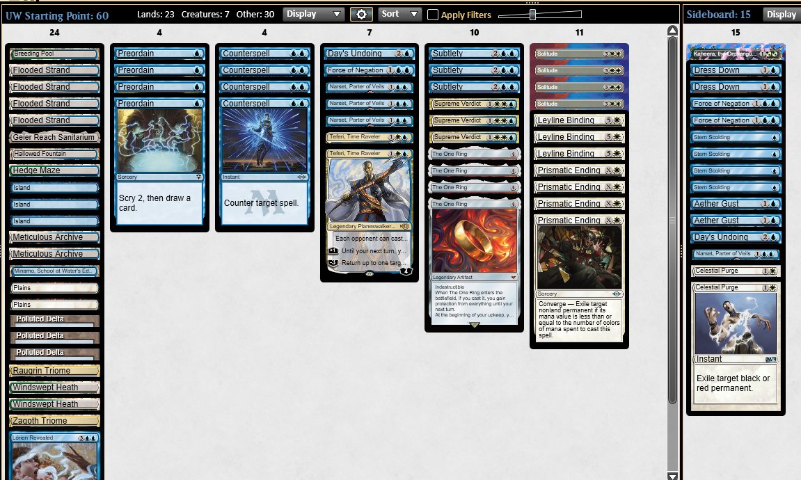 Record 18-5 (with minor changes). Might go live tomorrow with a sideboard guide using flexslot.gg. Need to pack. We will see. I will still post the sideboard guide like regardless. This is the list I will be running for both day. GL to all that dare to challenge me!