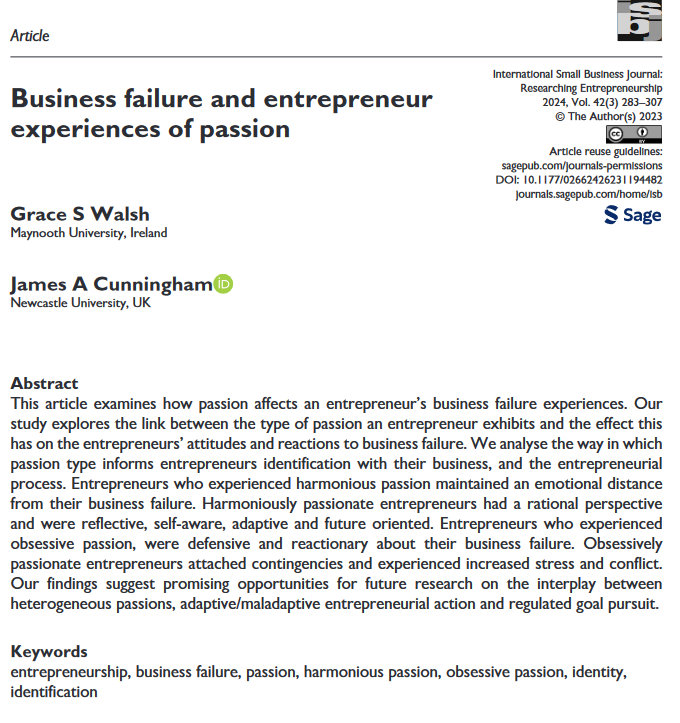 🔥 New research by Grace S. Walsh &amp; James A. Cunningham explores how passion affects entrepreneurs' reactions to failure.

 #Entrepreneurship #BusinessFailure 

Read more: journals.sagepub.com/doi/epub/10.11…