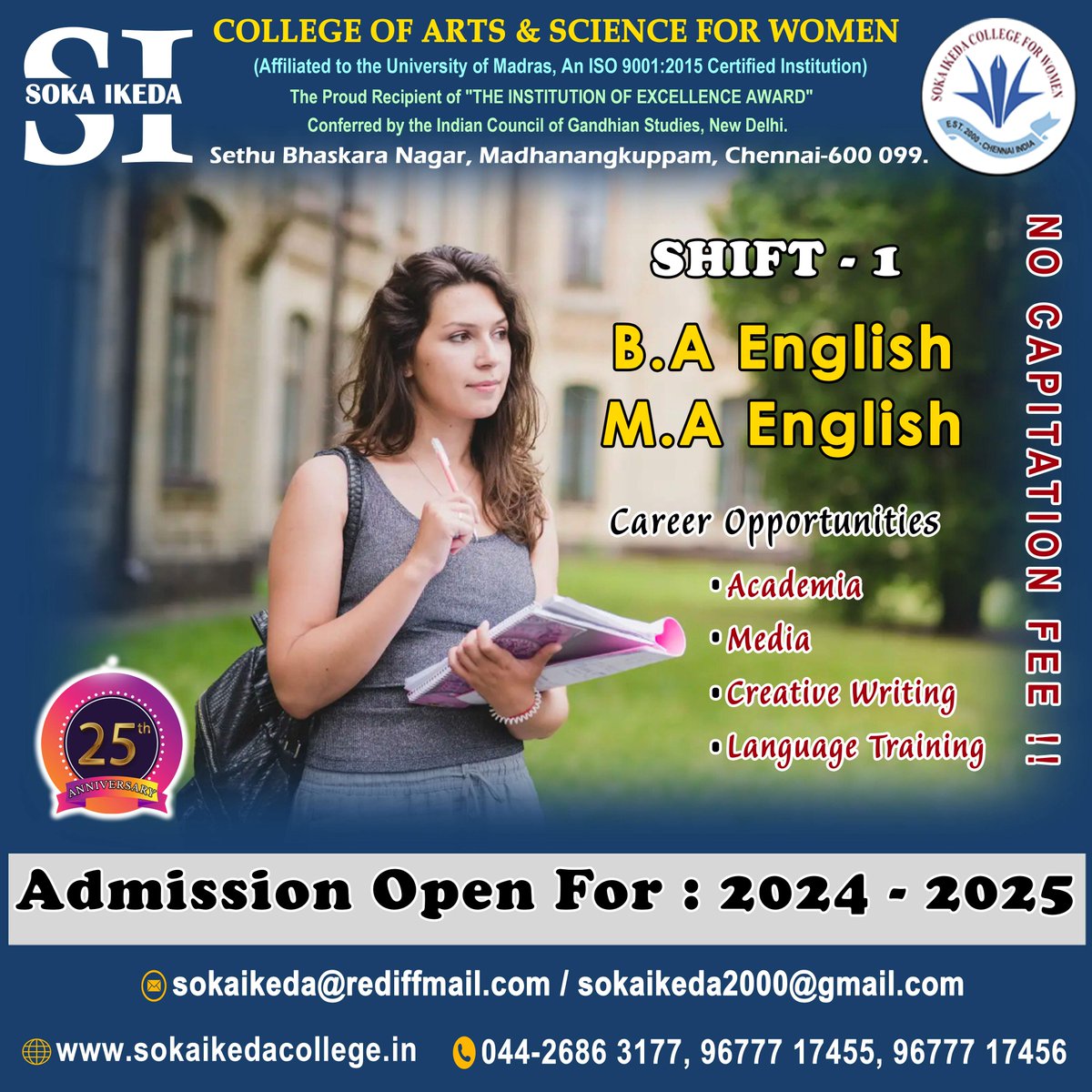 Admission Open 𝟐𝟎𝟐𝟒-𝟐𝟎𝟐𝟓
B.A and M.A English
Online Admission : sokaikedacollege.in/#/online-submi…
#BA #MA #BAEnglish #MAEnglish #admissionsopen2024 #careeropportunities #academia #media #creativewriting #languagetraining #courseoffered2024 #UG #PG #nocapitationfee #bestestinstitute