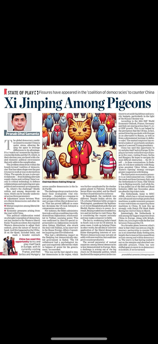 Fissures have appeared in the 'coalition of democracies' to counter China & why that's a 'watch out' moment for big democracies like India & US in their election year as Xi Jinping shifts gears. My column #StateofPlay. m.economictimes.com/opinion/et-com…