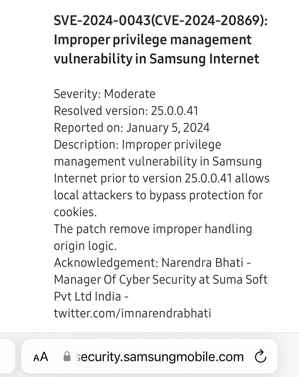 Mentioned In Samsung Mobile May 2024 Security Update 🇮🇳
CVE 2024-20869
security.samsungmobile.com/serviceWeb.smsb

#BugBounty #VulnerabilityDisclosure #SamsungSecurity #CVE202420869 #MobileSecurity #DeviceProtection
#hacking #sumasoft #vulnerability #infosec #informationsecurity #cybersecurity