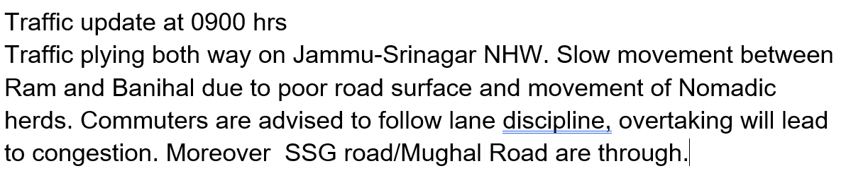 Traffic update at 0900 hrs @JmuKmrPolice @JKTransportDept @OfficeOfLGJandK @Divcomjammu @DivComKash @ZPHQJammu @igpjmu @diprjk @ddnews_jammu @ddnewsSrinagar @ddnewsladakh